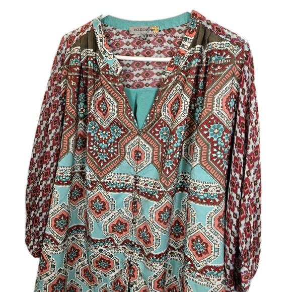 Figueroa Flower Top Women’s 3X Boho Hippie Retro Artsy Funky Patchwork Teal Pink - Picture 2 of 7